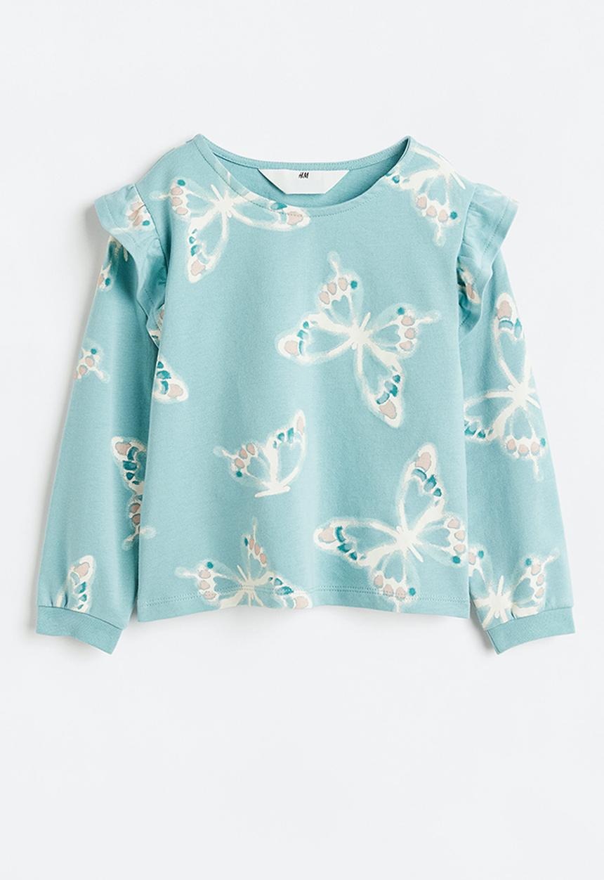 H&M - Flounce-trimmed sweatshirt - light turquoise / butterflies 