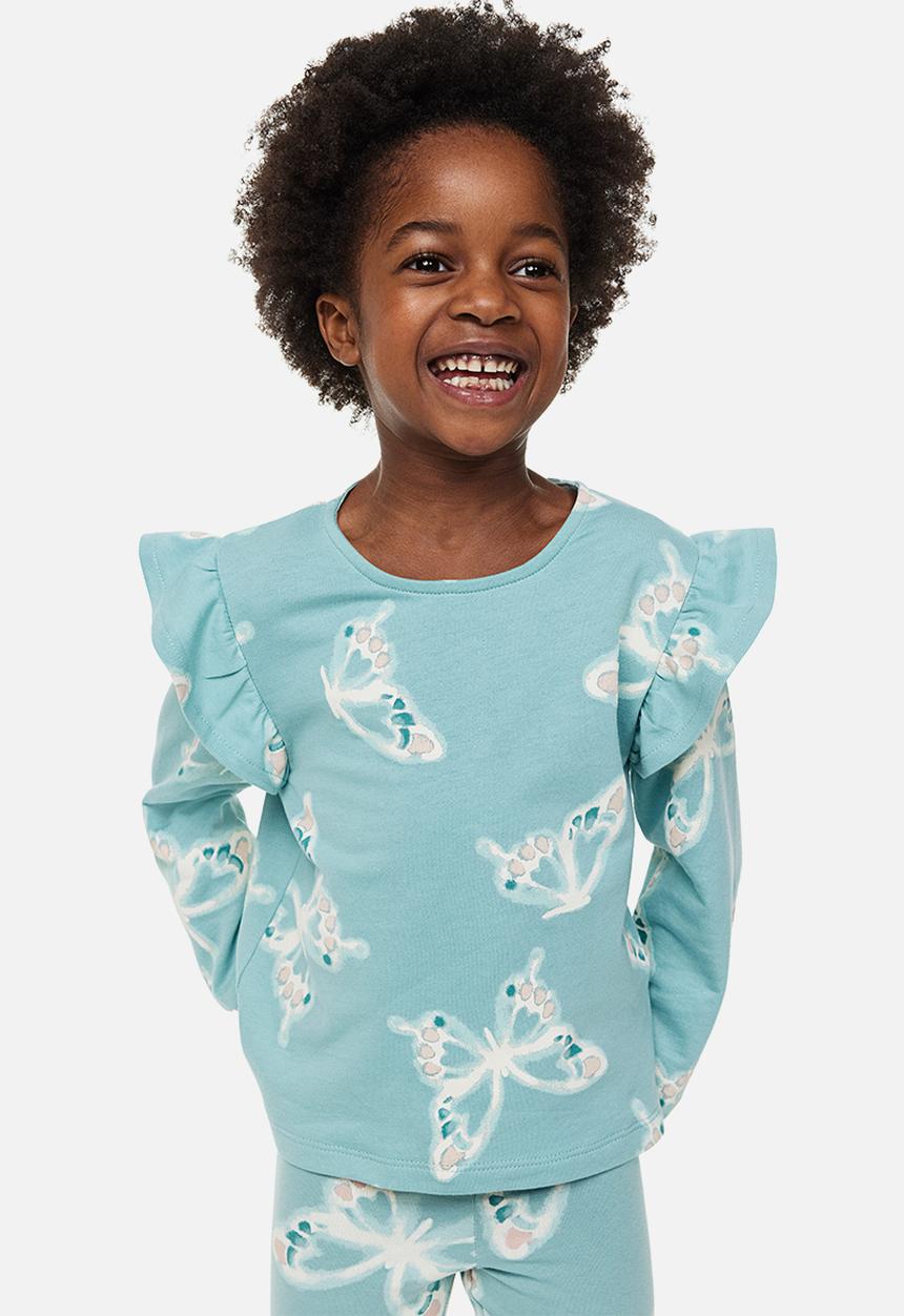 H&M - Flounce-trimmed sweatshirt - light turquoise / butterflies 