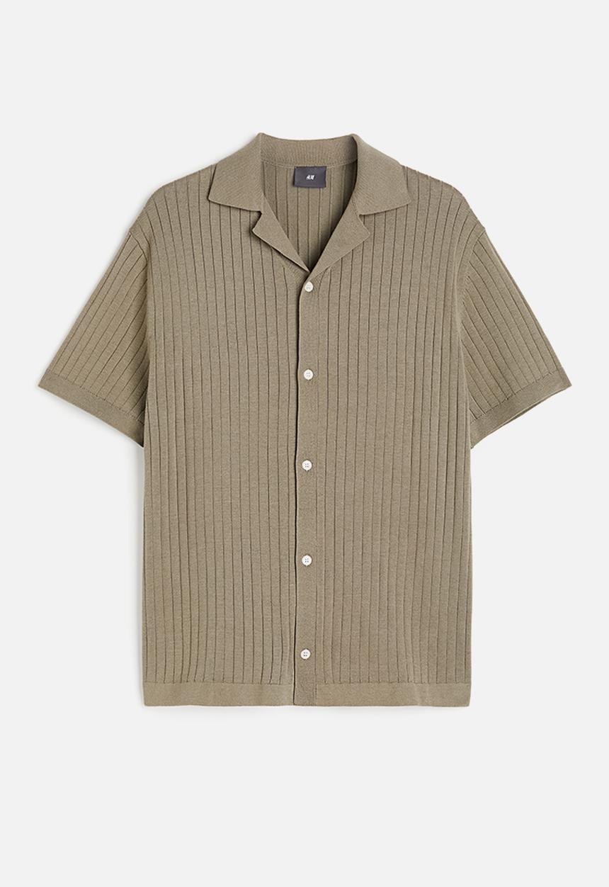 H&M - Regular fit rib-knit resort shirt - light khaki green