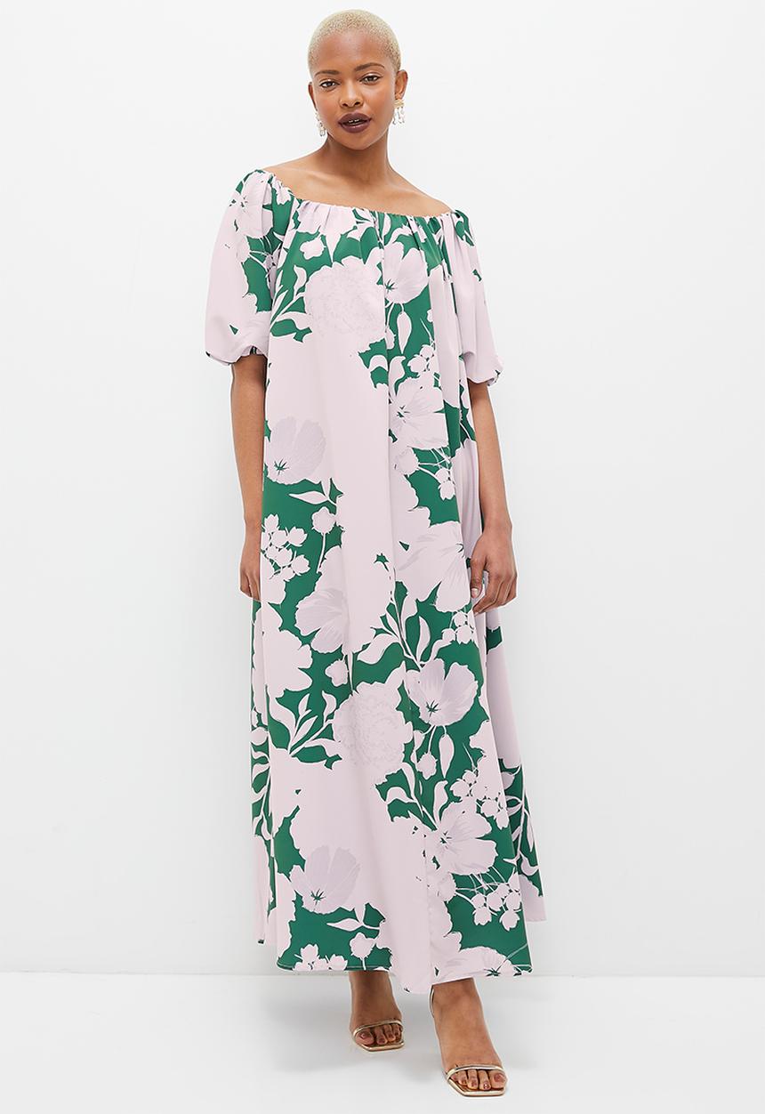 MILLA - Bardot volume maxi dress - pink & green