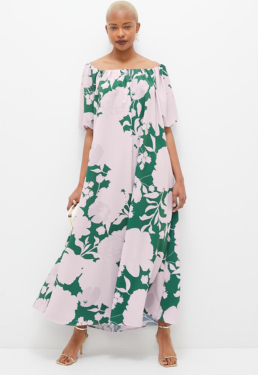 MILLA - Bardot volume maxi dress - pink & green