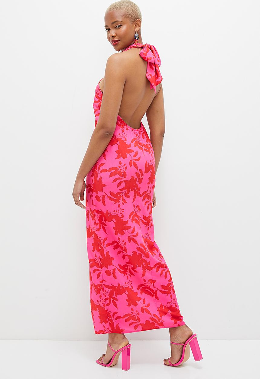 MILLA - Halter neck column maxi dress - red & pink