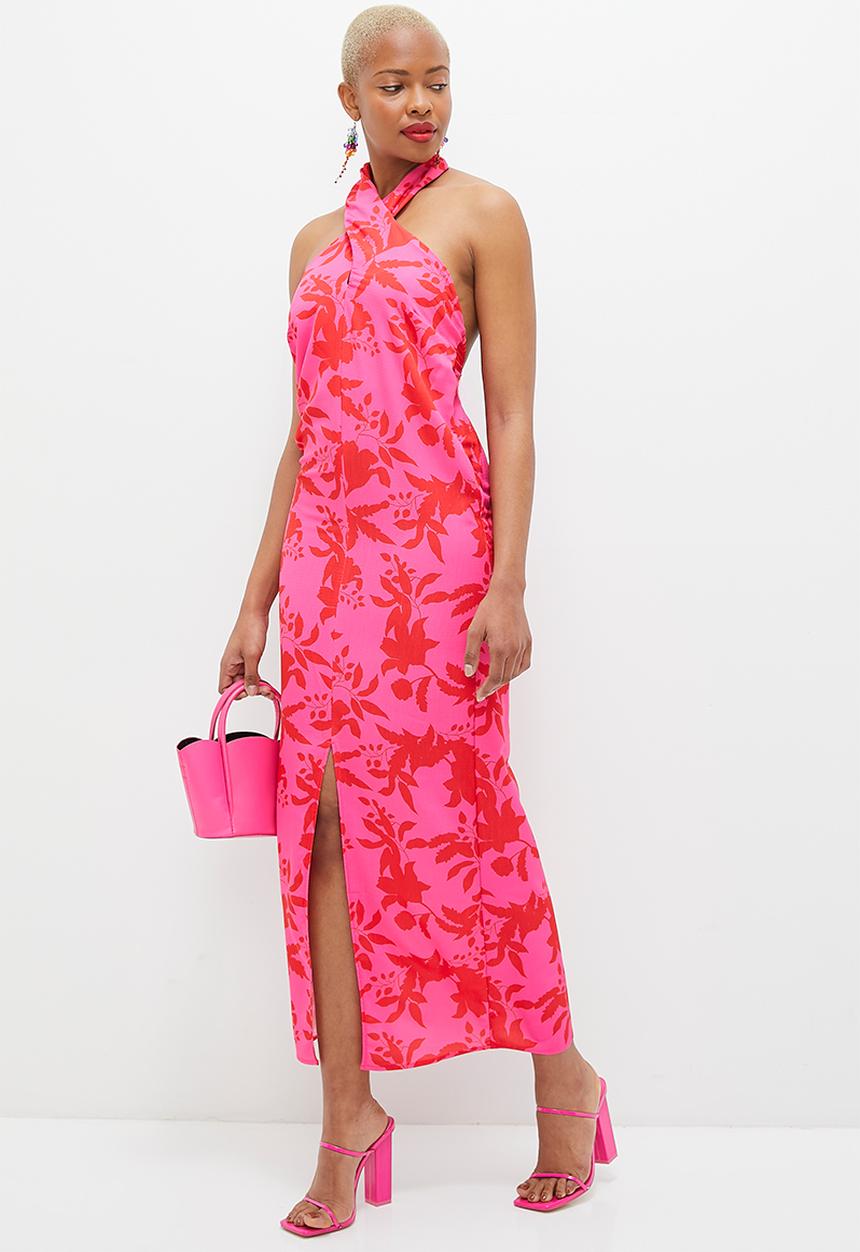 MILLA - Halter neck column maxi dress - red & pink