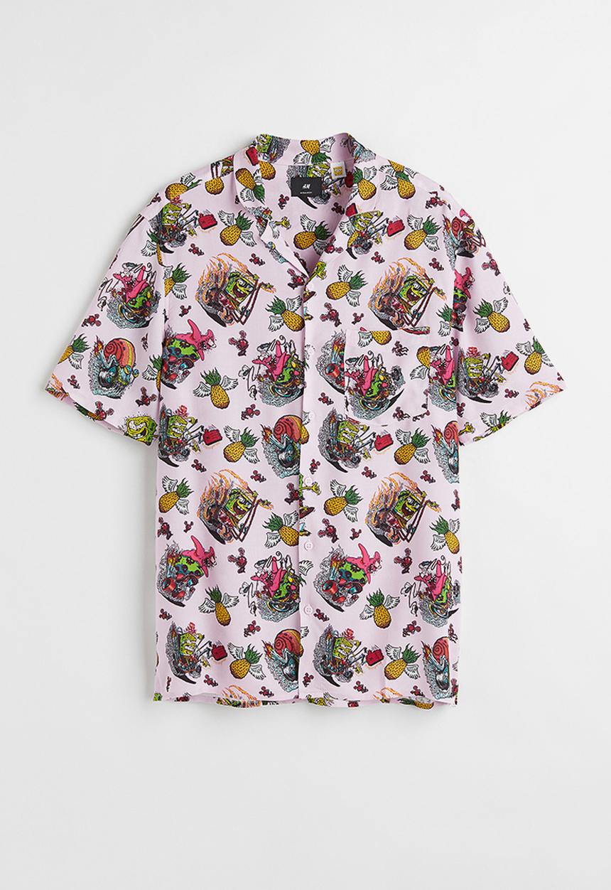 H&M - Relaxed fit patterned resort shirt - light pink / spongebob 