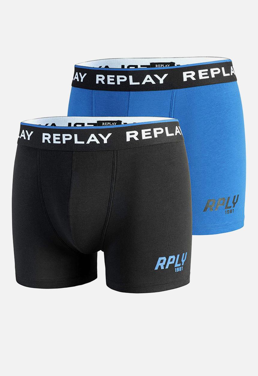 Replay - Replay boxer style 2 cuff logo & print 2pcs box - black/cobalt blue