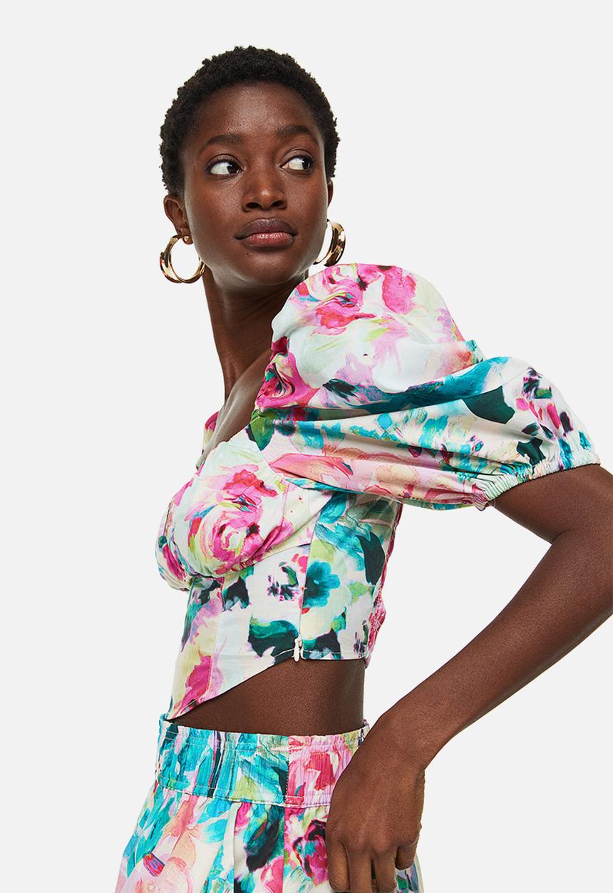 H&M - Puff-sleeved cotton blouse - cerise/floral
