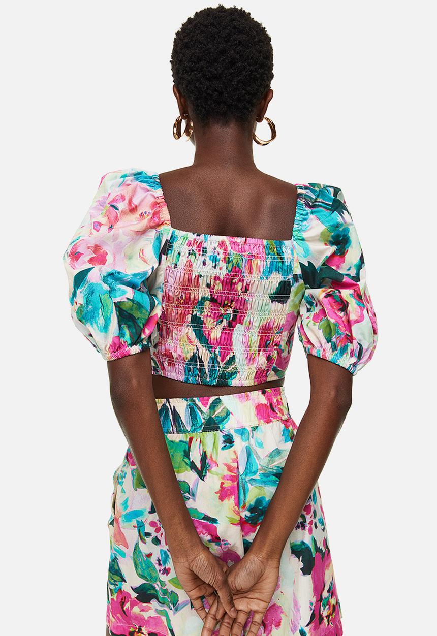 H&M - Puff-sleeved cotton blouse - cerise/floral