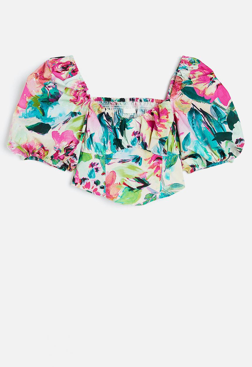 H&M - Puff-sleeved cotton blouse - cerise/floral