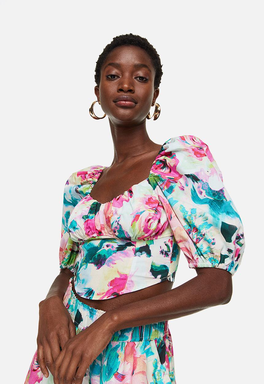 H&M - Puff-sleeved cotton blouse - cerise/floral