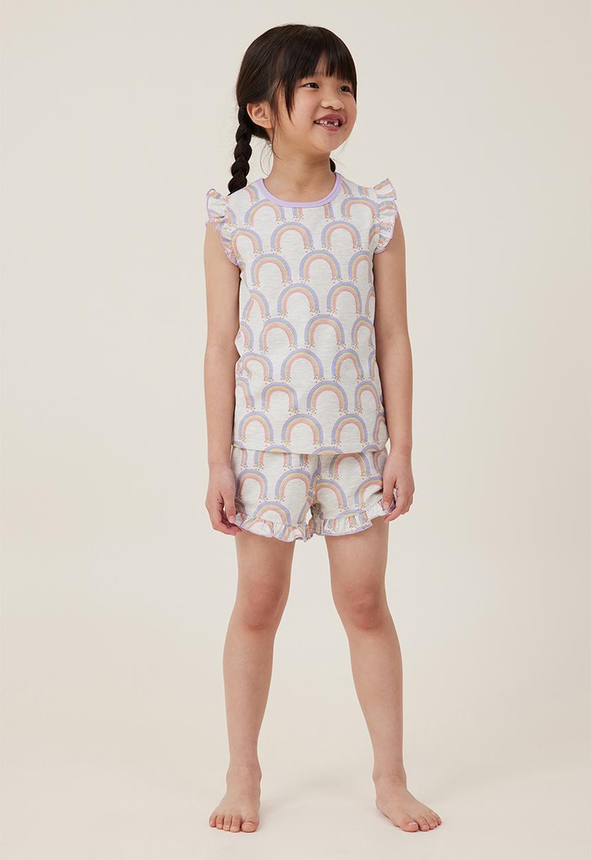 Cotton On - Stacey short sleeve flutter pyjama set - oatmeal marle/rainbows