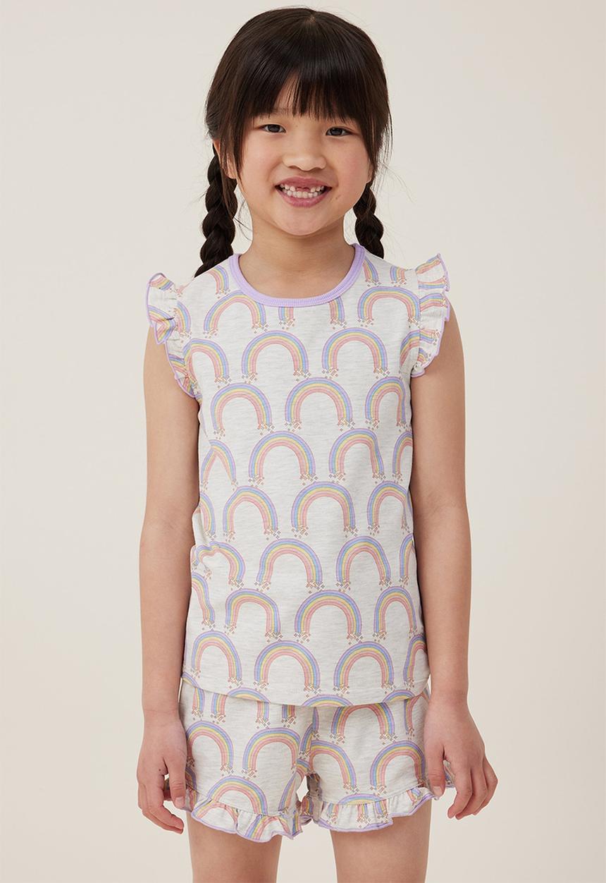 Cotton On - Stacey short sleeve flutter pyjama set - oatmeal marle/rainbows