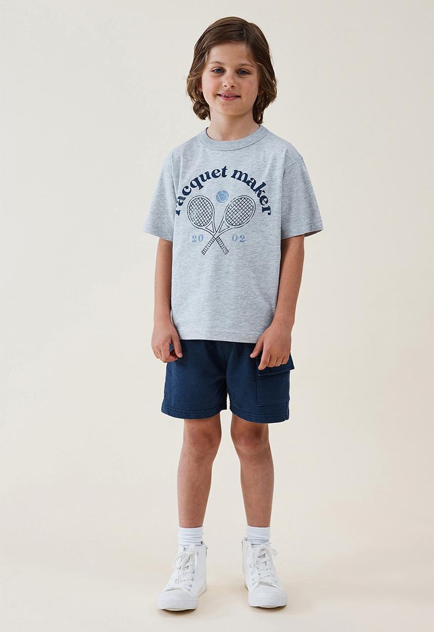 Cotton On - Jonny short sleeve print tee - fog grey marle/racquet maker