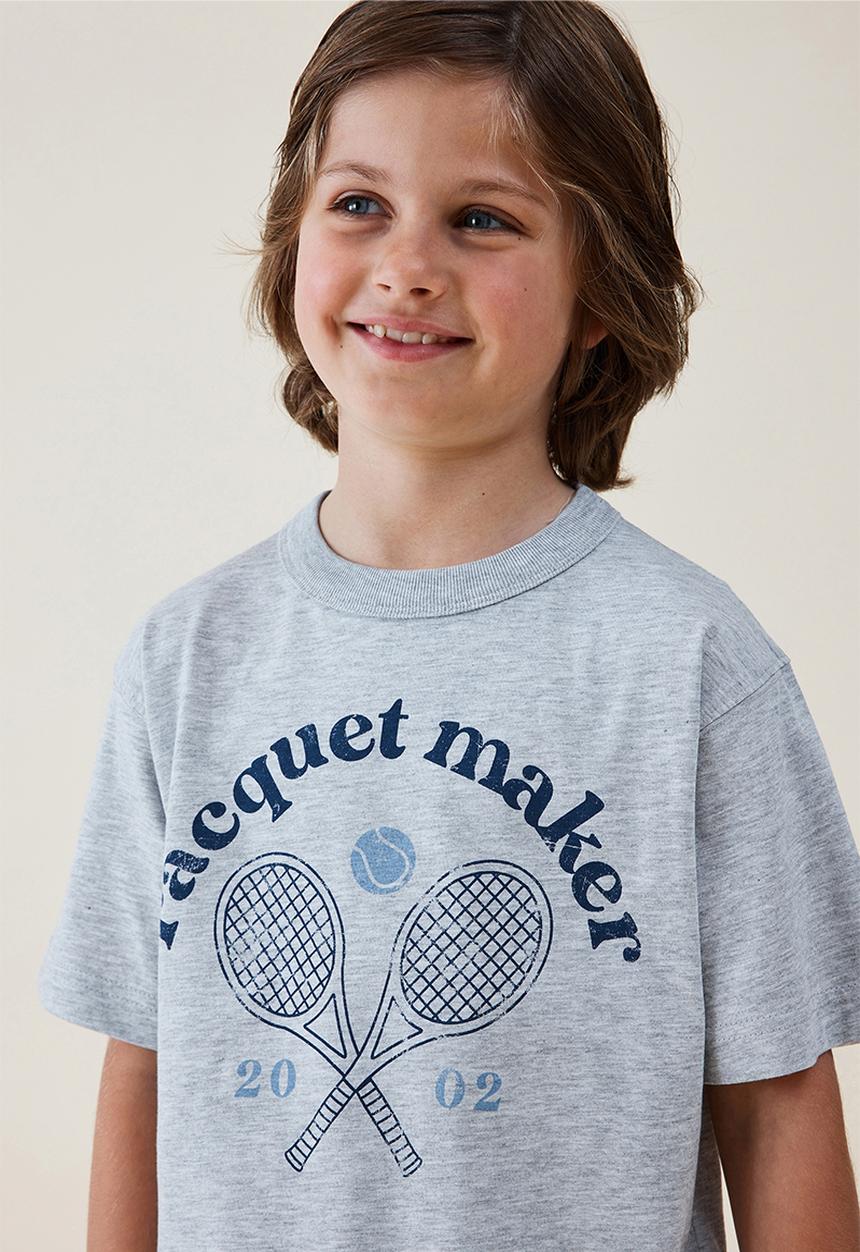 Cotton On - Jonny short sleeve print tee - fog grey marle/racquet maker