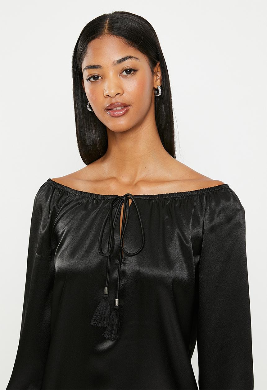 SISSY BOY - Bardot mini dress with tie - solid black