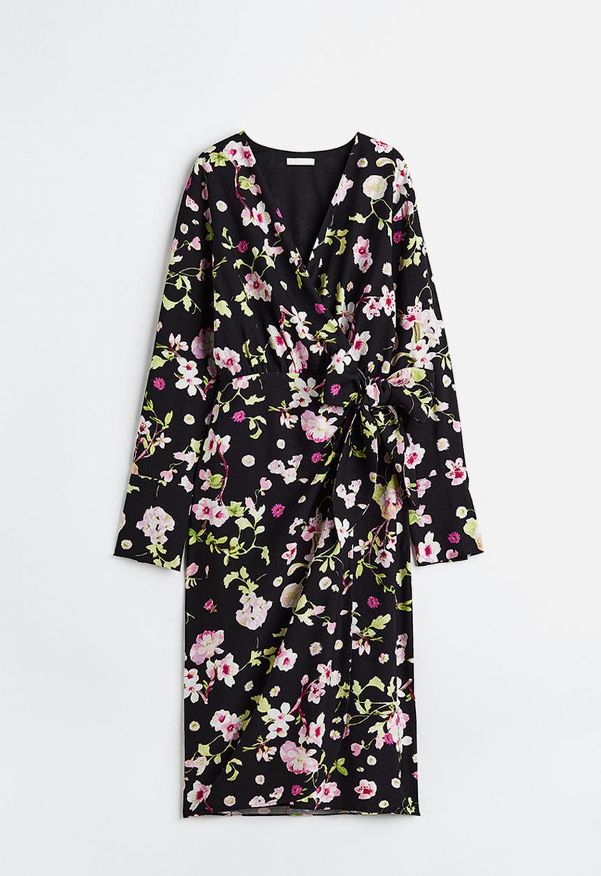 H&M - Tie-detail wrap dress - black/floral 