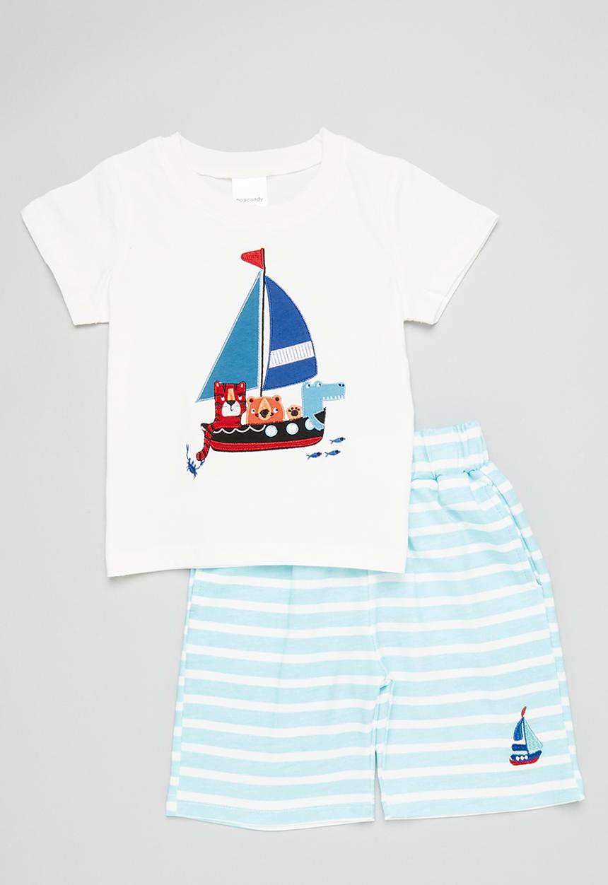 Pop Candy - Boys short sleeve and bottom set - light blue and white