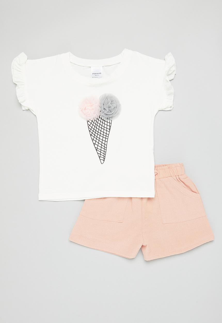 Pop Candy - Girls frill tee and short set - dusty pink and white