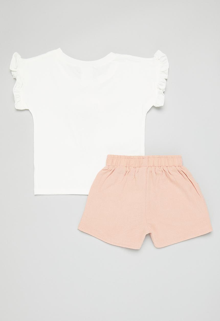 Pop Candy - Girls frill tee and short set - dusty pink and white