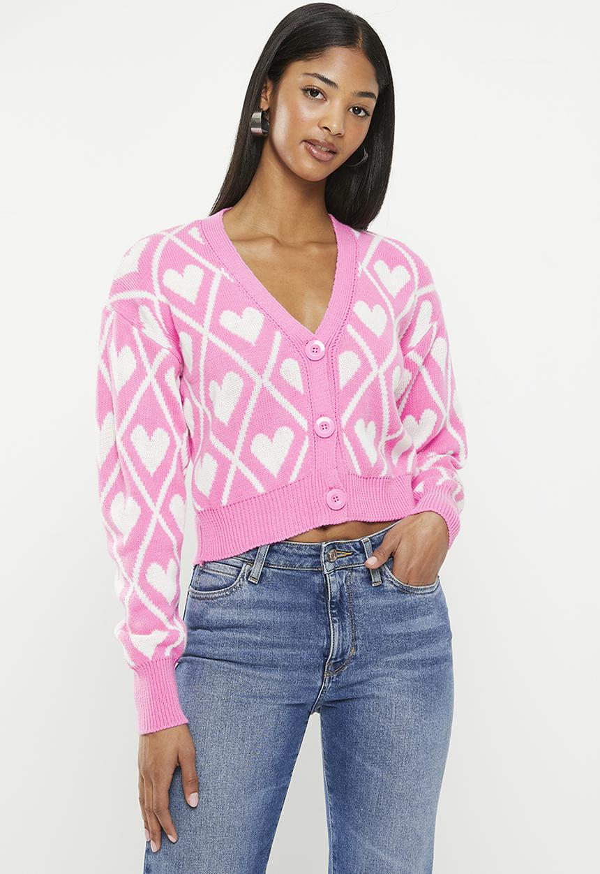 Trendyol - Crop jacquard knitwear cardigan - pink & beige 