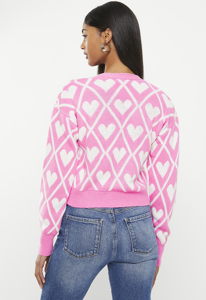 Trendyol - Crop jacquard knitwear cardigan - pink & beige 