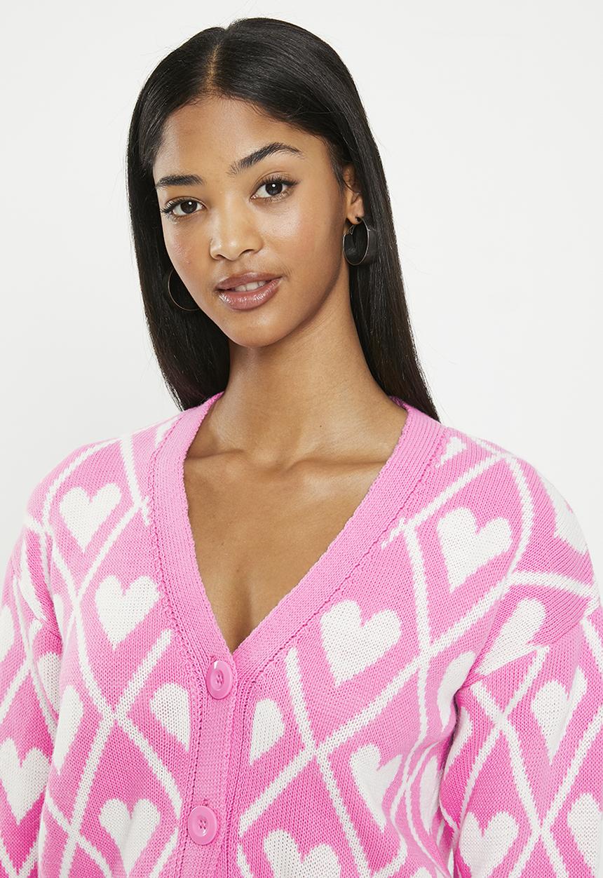 Trendyol - Crop jacquard knitwear cardigan - pink & beige 