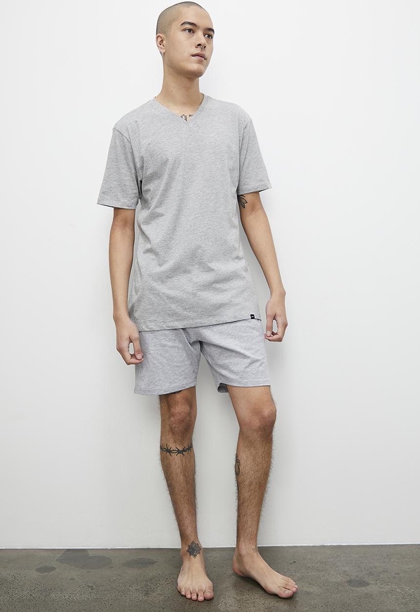 Superbalist - Regular fit knit sleep shorts & V- neck T-shirt set - grey melange