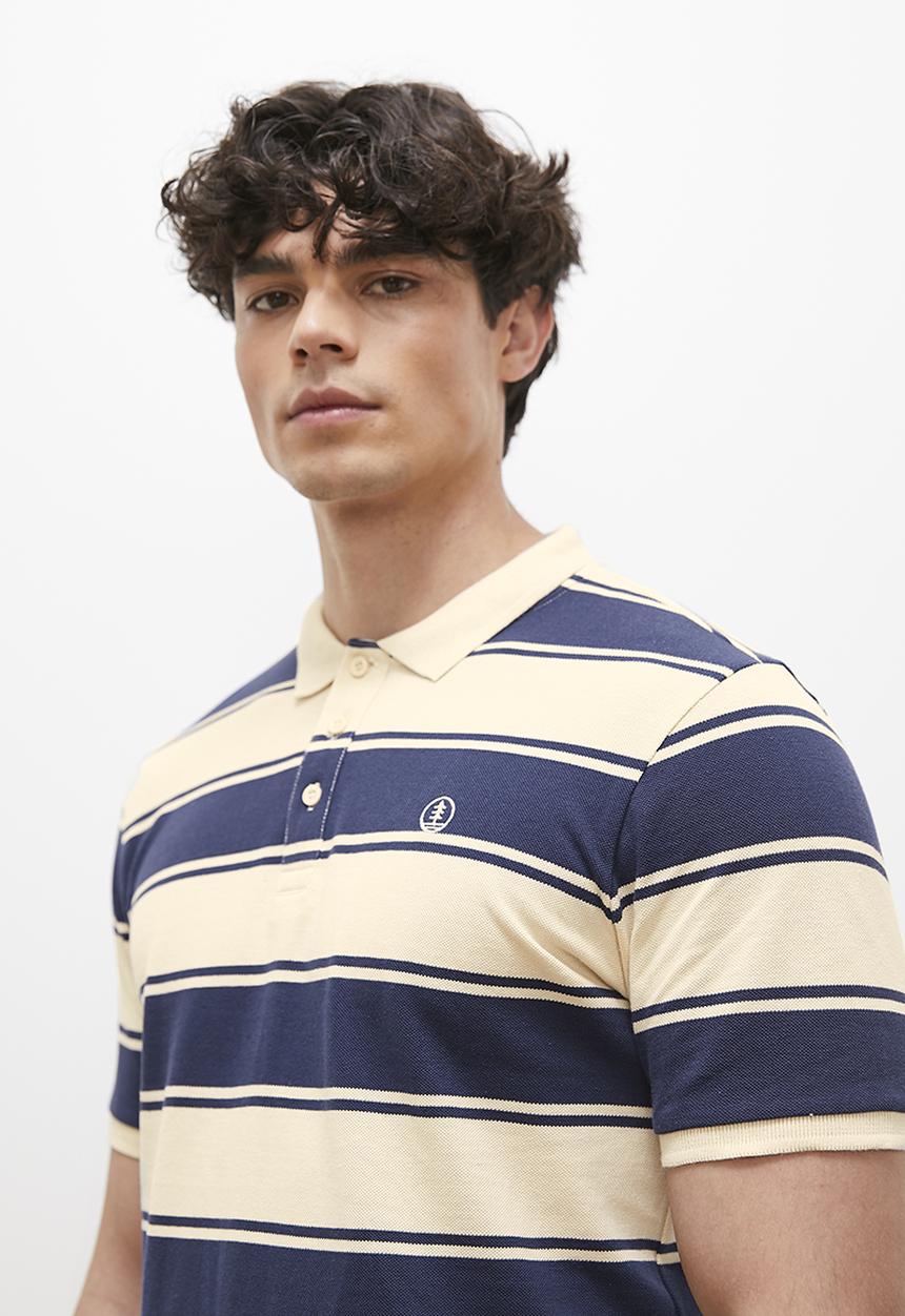 Lark & Crosse - Londi regular fit striped golfer - navy & ecru