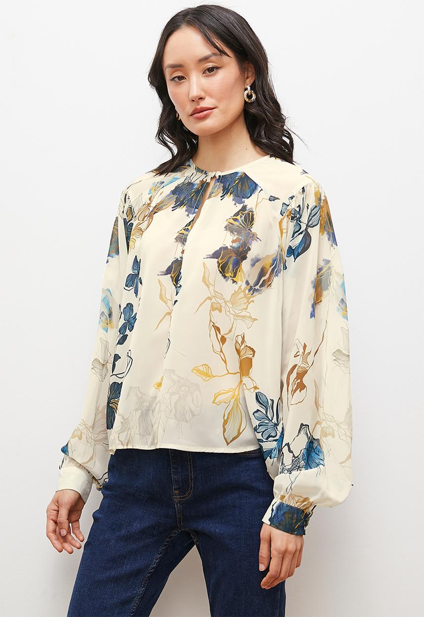 edit - Raglan keyhole detail balloon sleeve blouse - floral