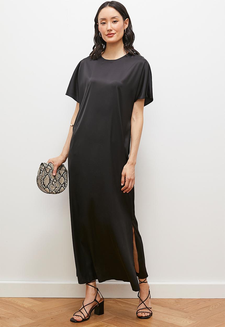 edit - Grown on sleeve satin maxi - black