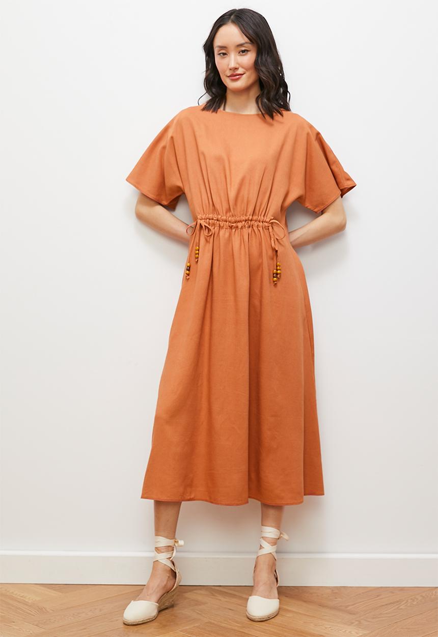 edit - Drawstring detail kaftan dress with bodice detail - clay