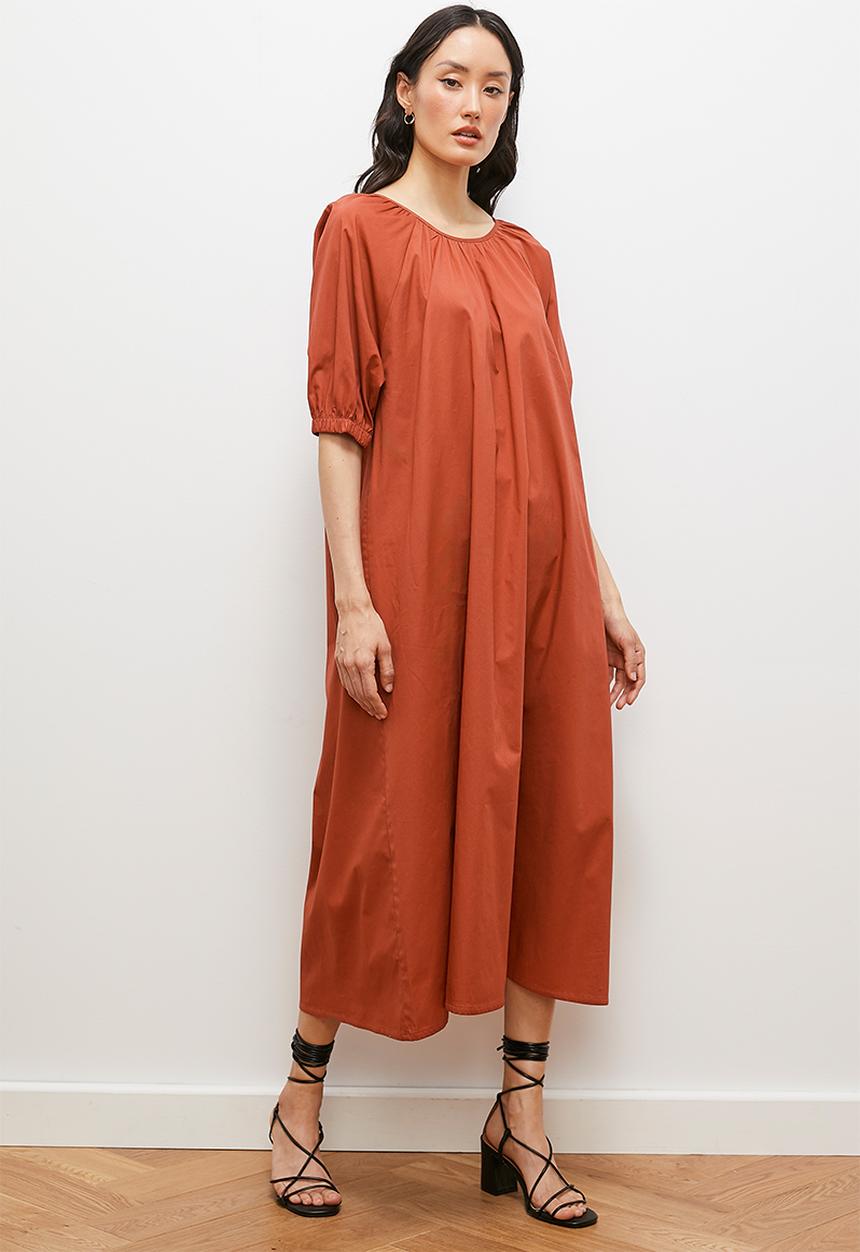 edit - Balloon sleeve trapeze midi dress - rust
