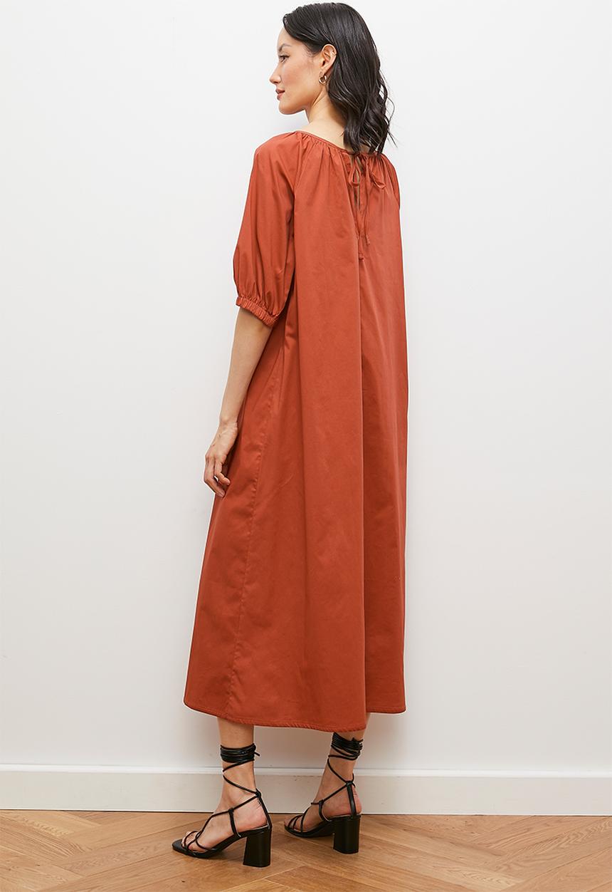 edit - Balloon sleeve trapeze midi dress - rust