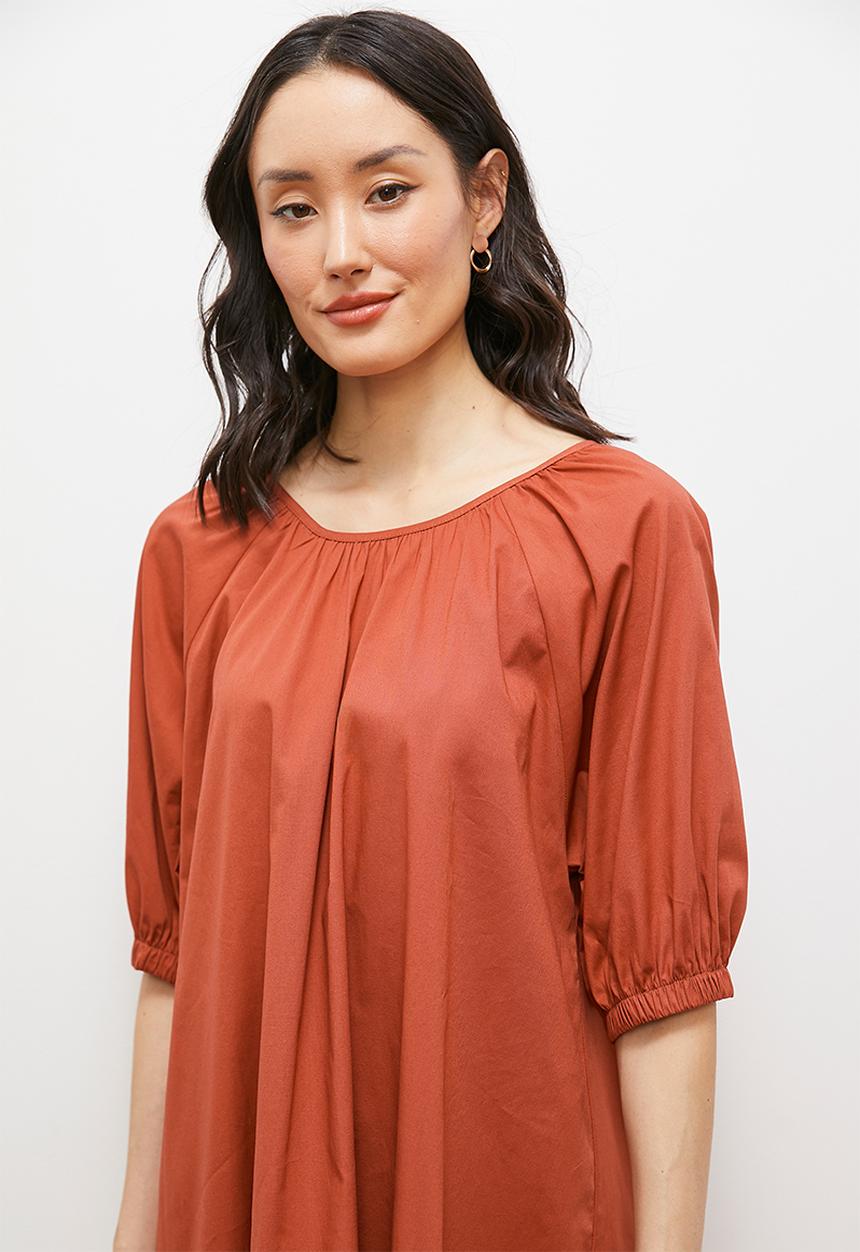 edit - Balloon sleeve trapeze midi dress - rust