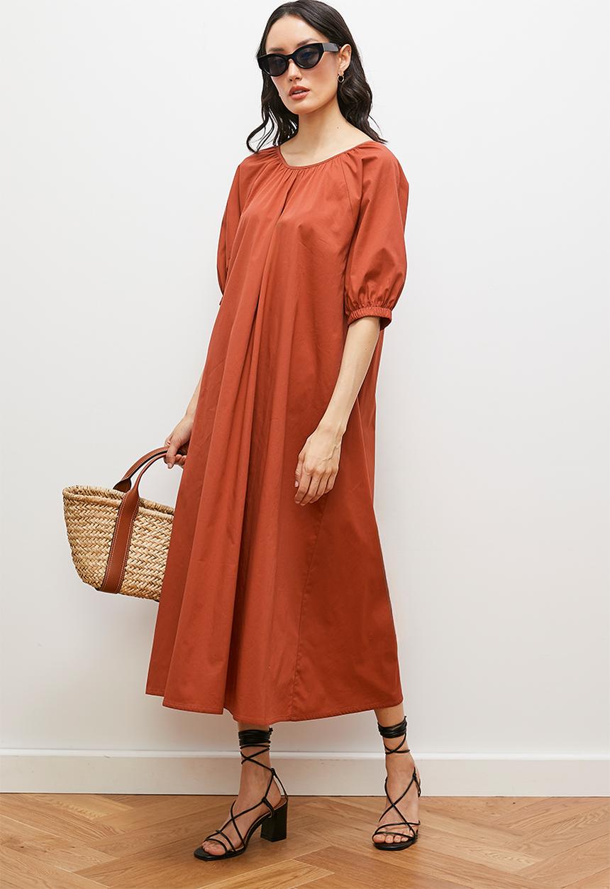 edit - Balloon sleeve trapeze midi dress - rust
