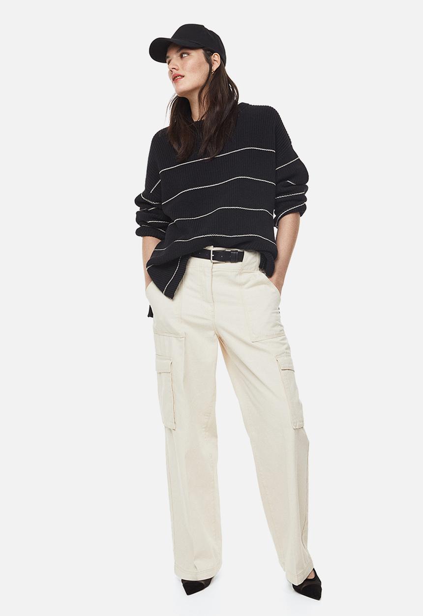 H&M - Oversized rib-knit jumper - black/striped 