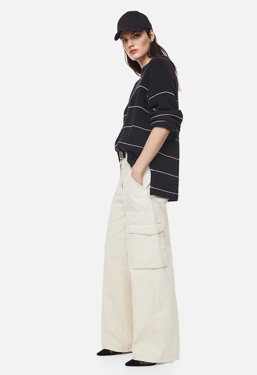 H&M - Oversized rib-knit jumper - black/striped 