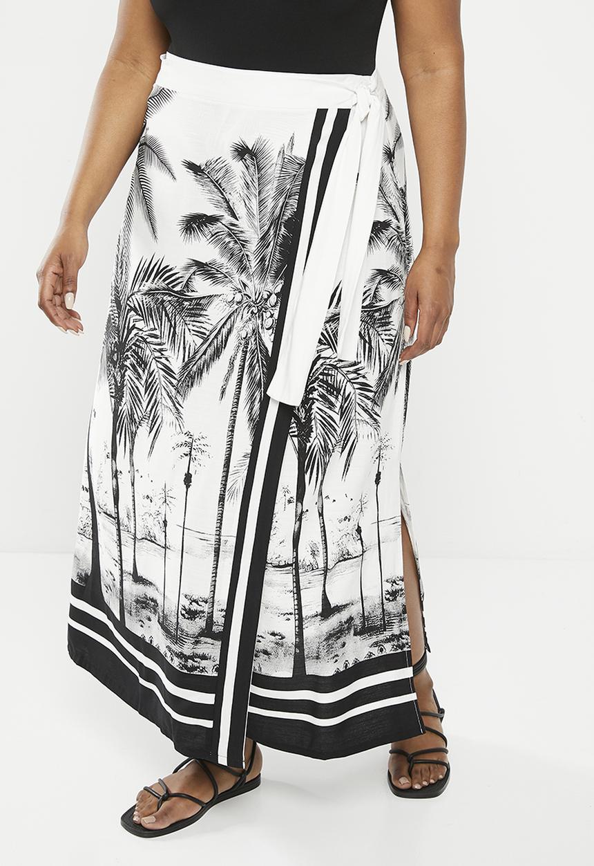 Me&B - Plus midi wrap skirt with tie detail - stripe palm
