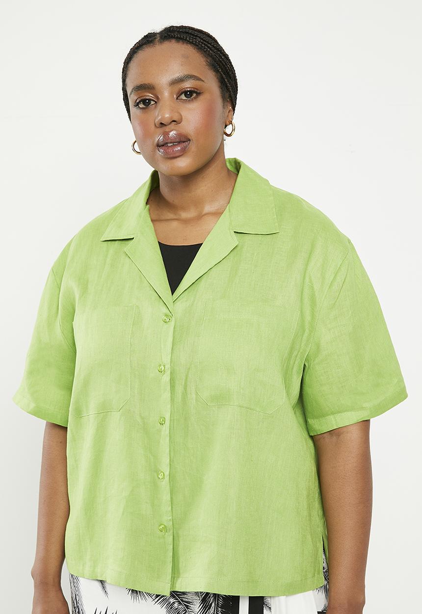 Me&B - Plus revere collar linen shirt - avocado