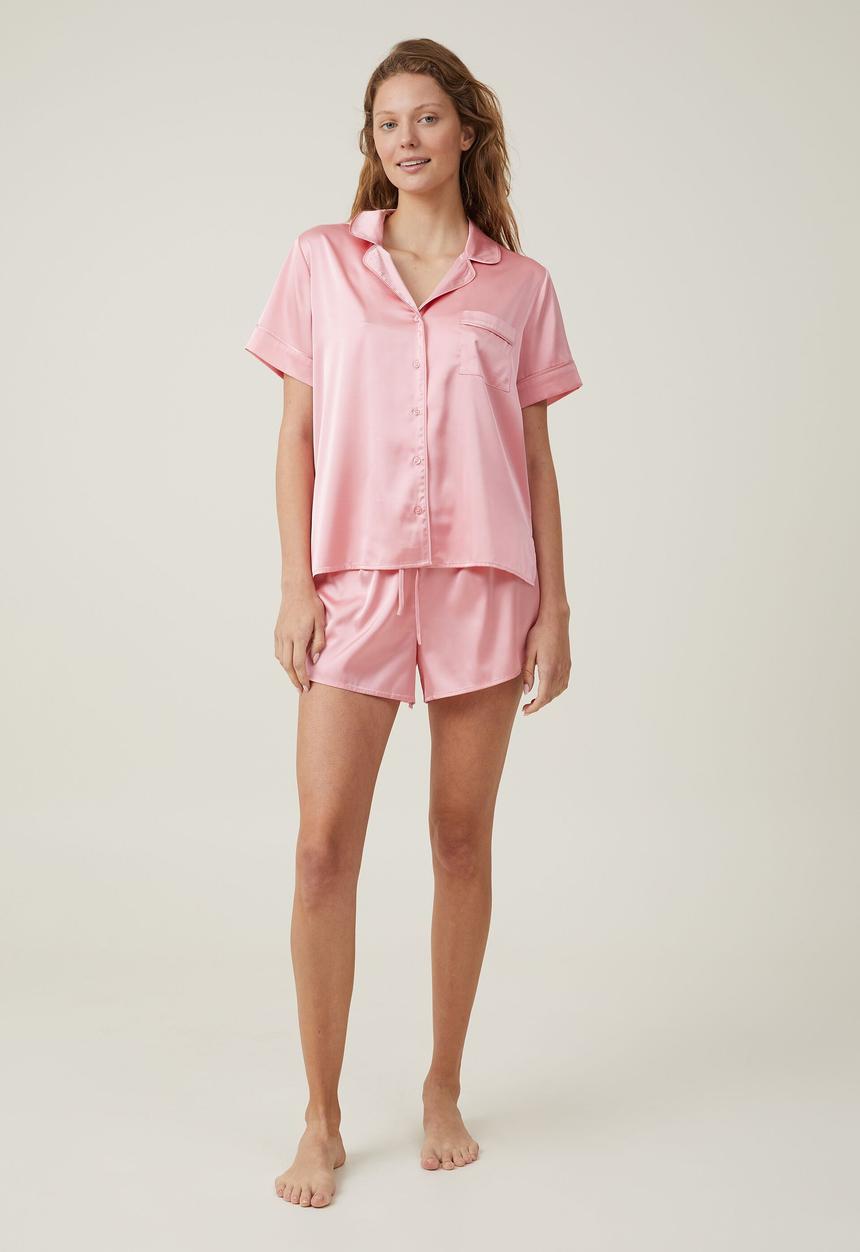 Cotton On - Staycay Satin Sleep Set - Peach Puff