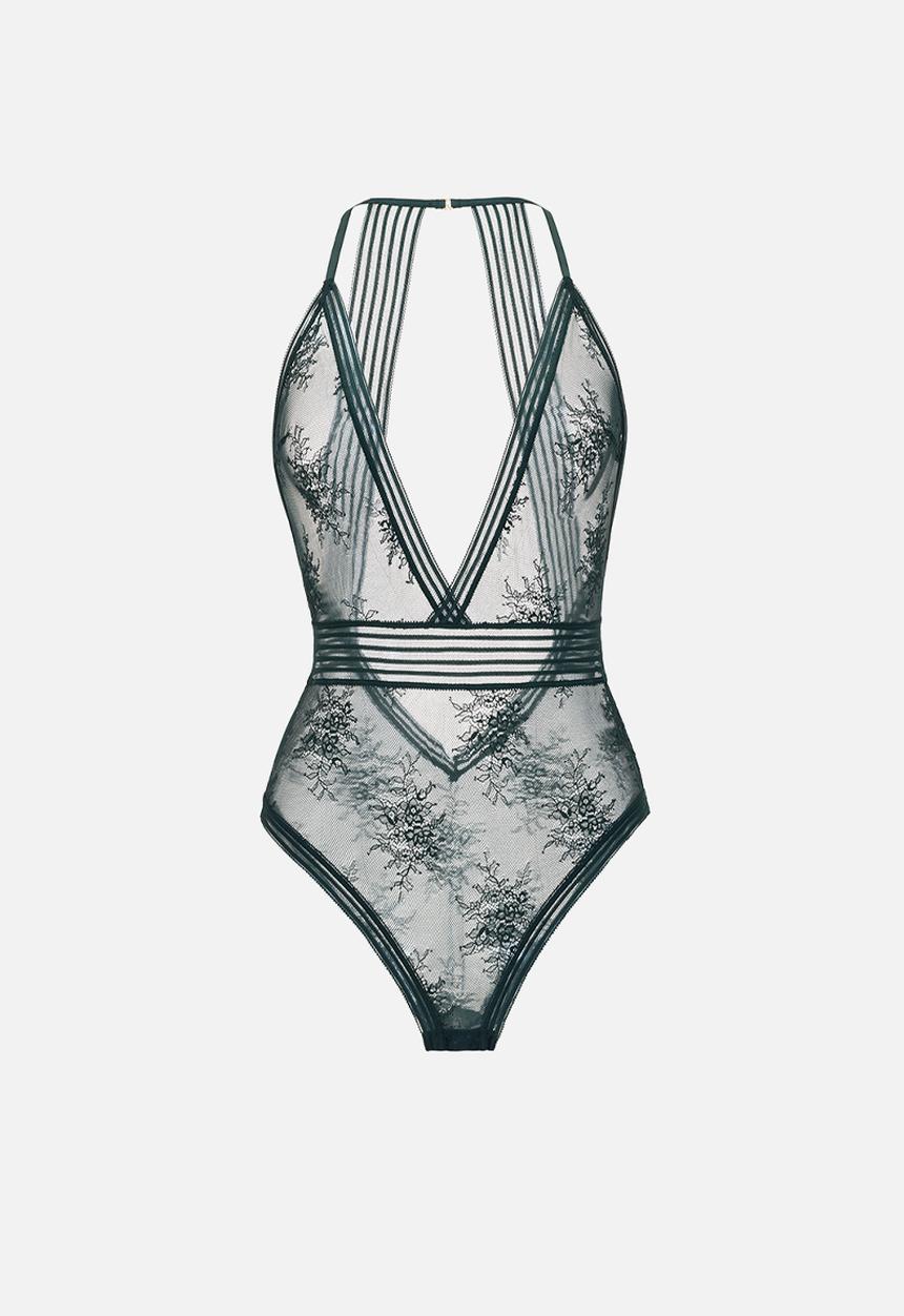 Janet Reger - Statement starlight deep v bodysuit - emerald