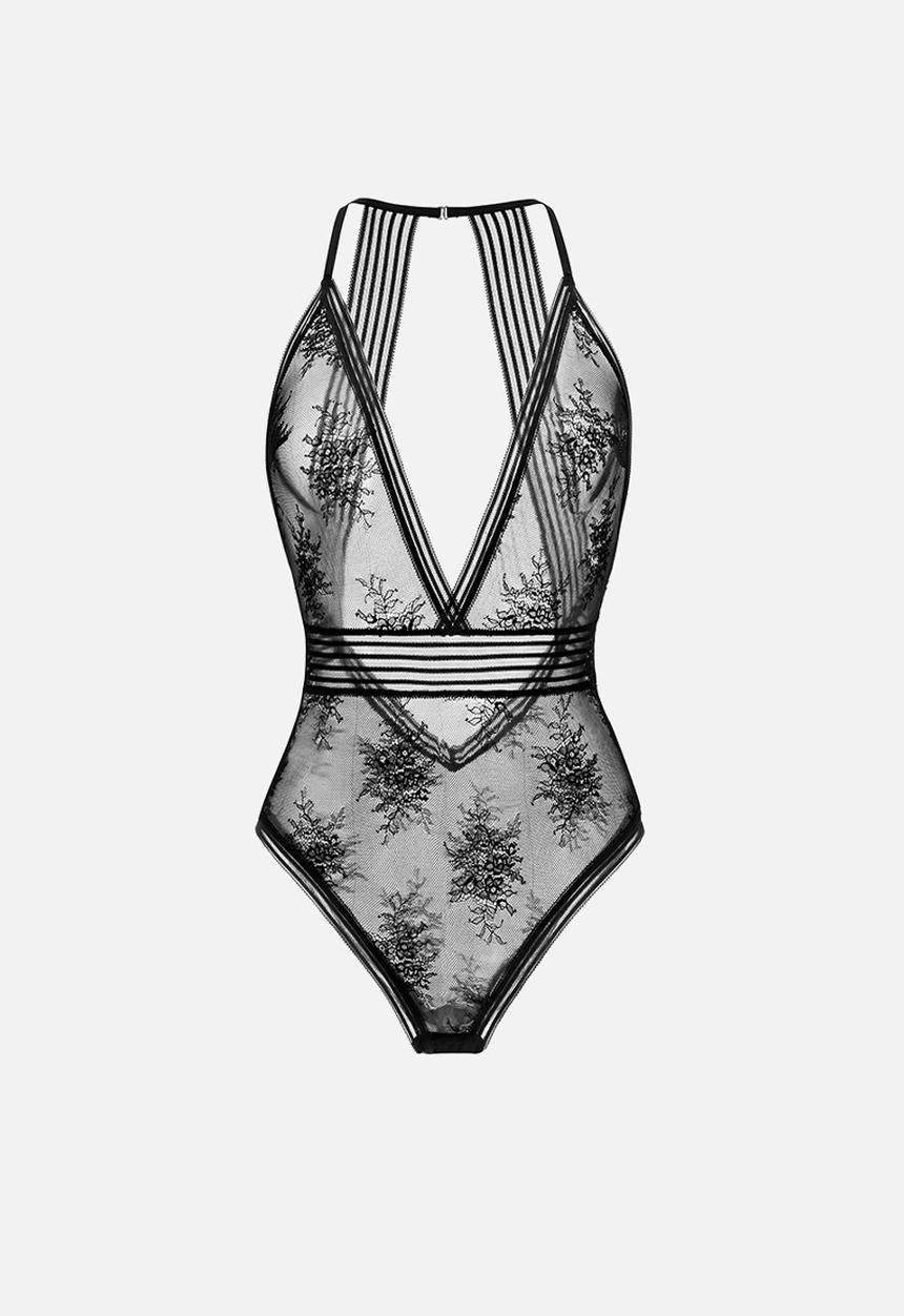 Janet Reger - Statement starlight deep v bodysuit - onyx