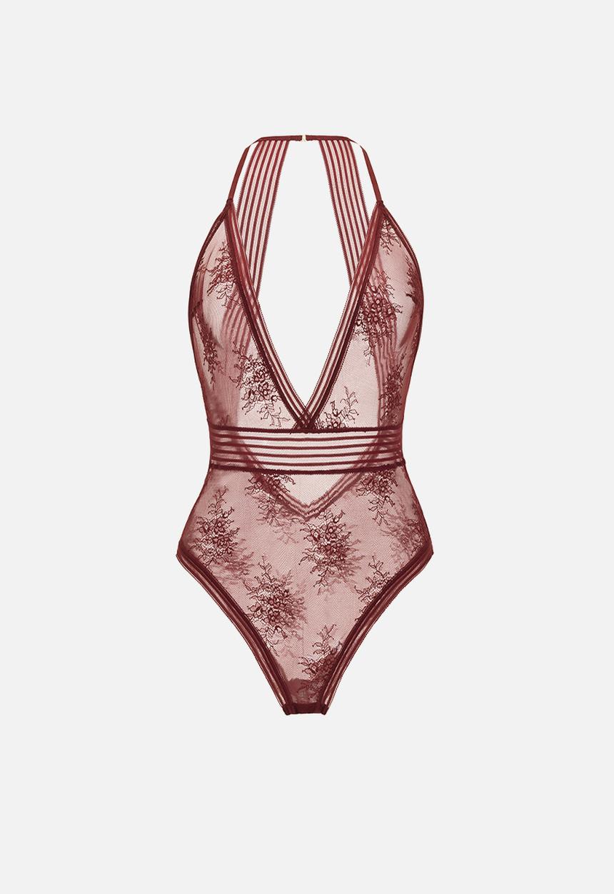 Janet Reger - Statement starlight deep v bodysuit - ruby