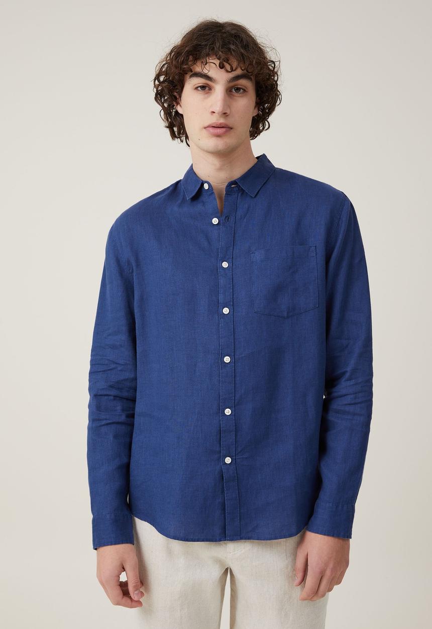 Cotton On - Linen Long Sleeve Shirt - Faded Navy