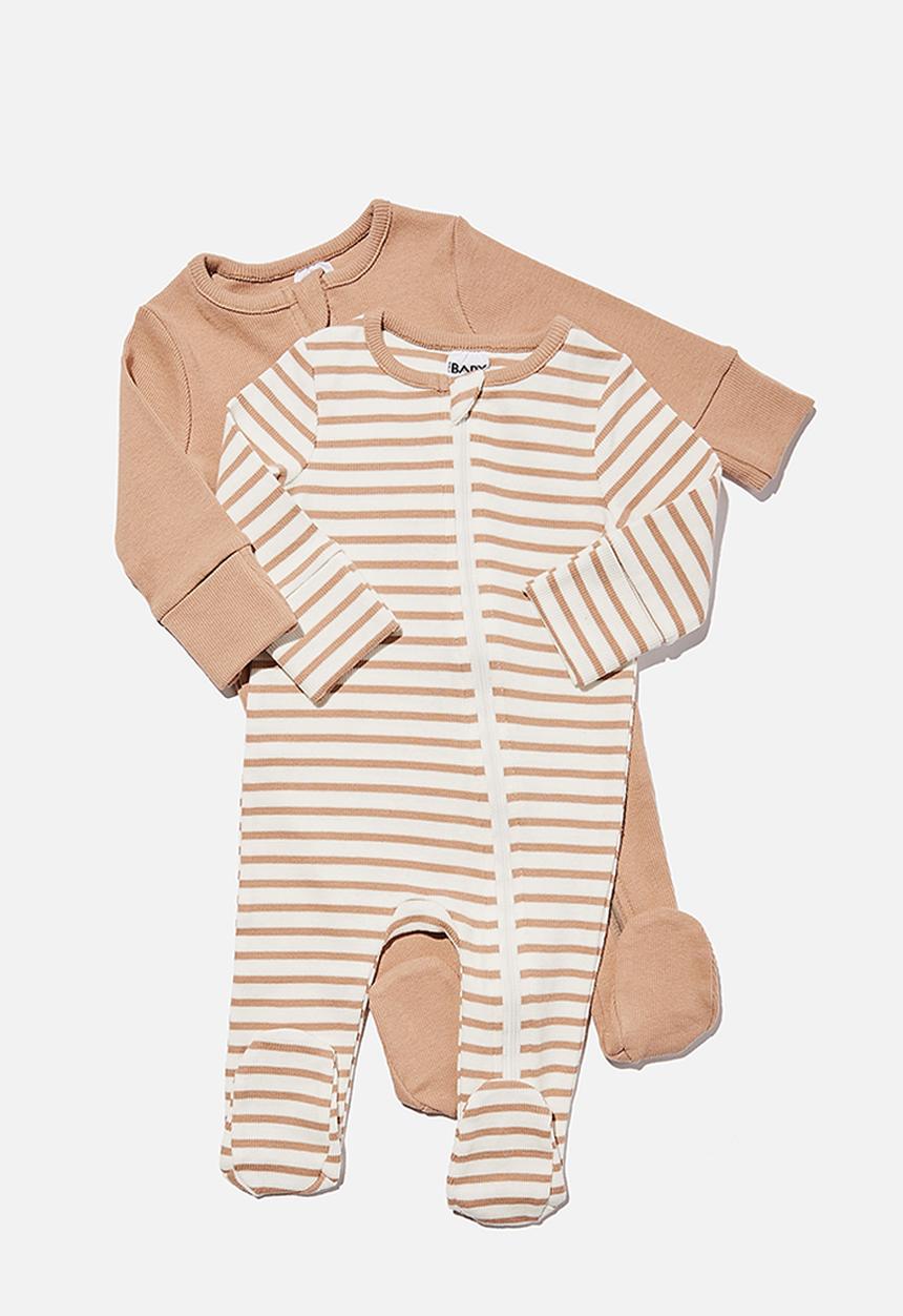 Cotton On - 2 pack essentials zip romper - taupy brown organic