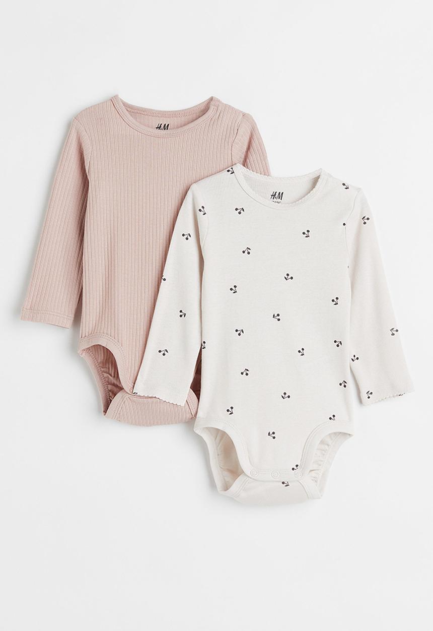 H&M - 2-pack long-sleeved bodysuits - white, pink & multi
