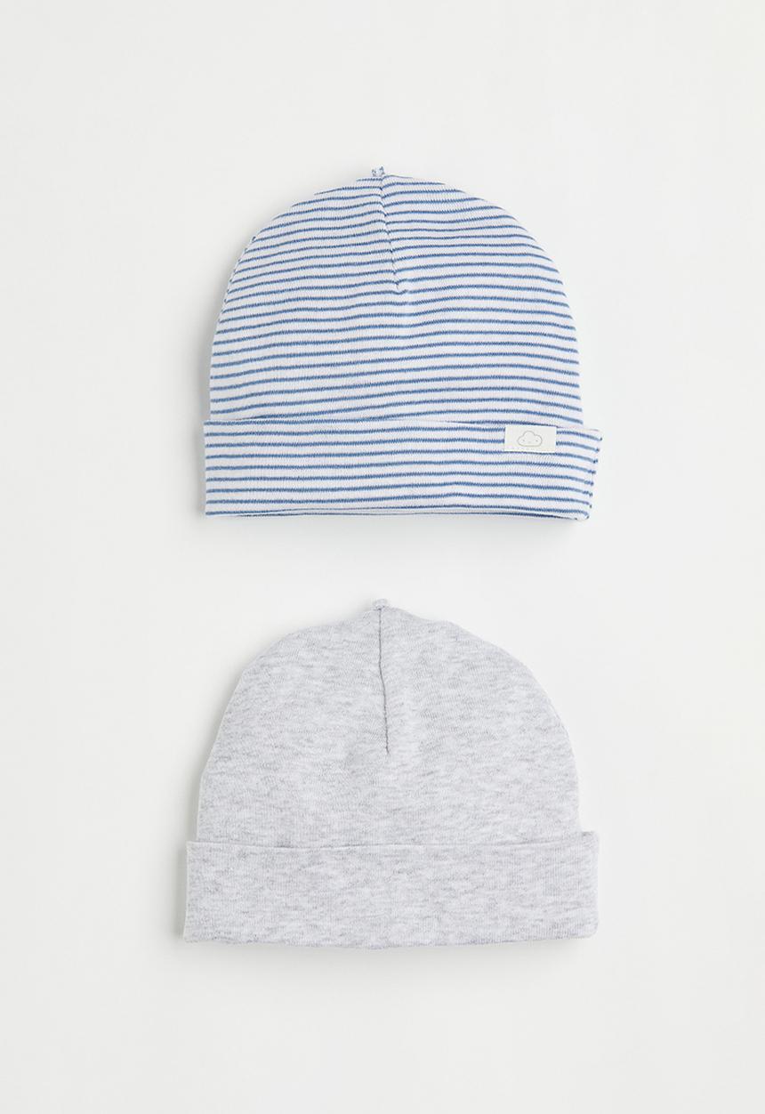 H&M - 2-pack cotton hats - grey, blue & multi