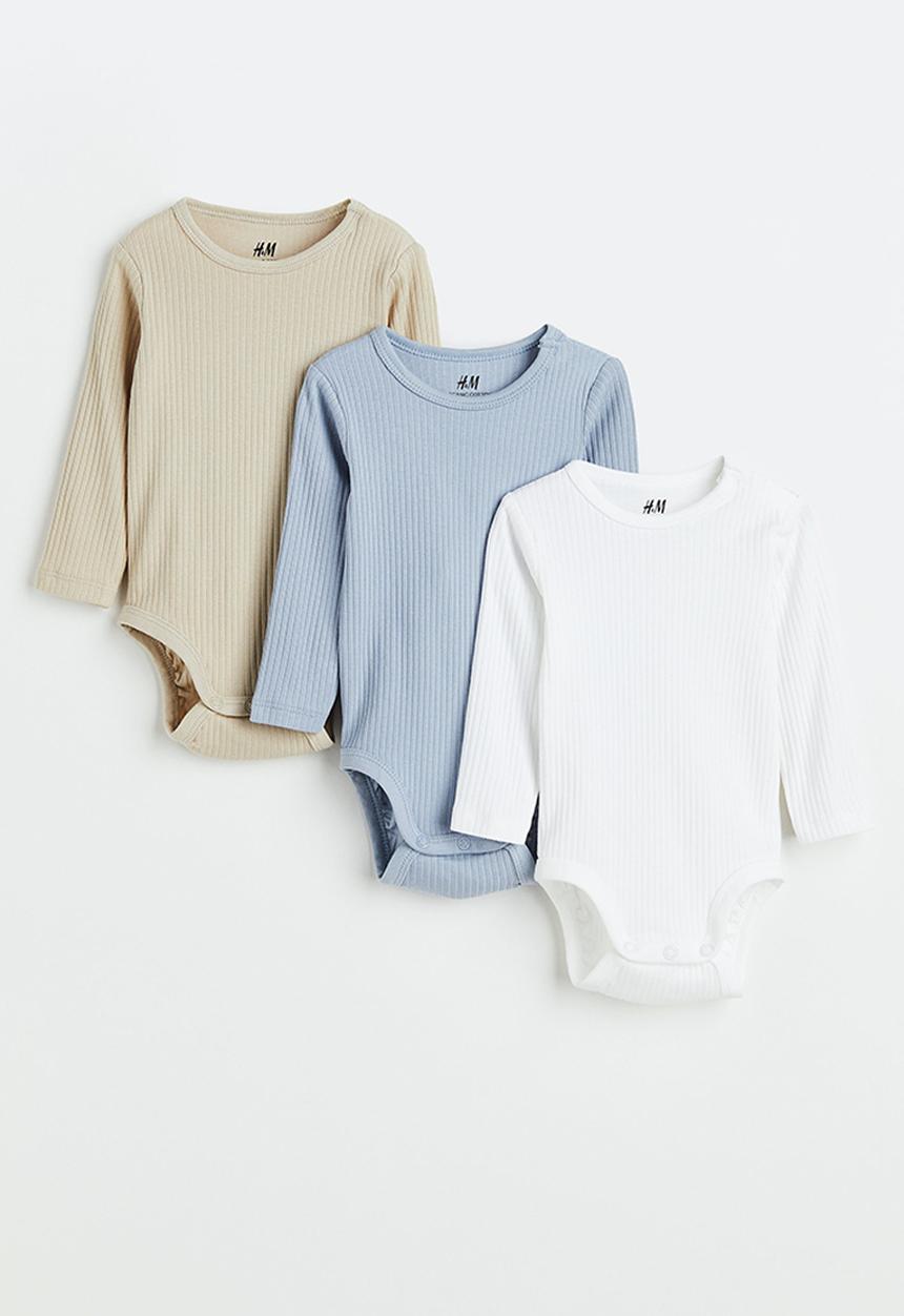 H&M - 3-pack ribbed bodysuits - beige, blue & white