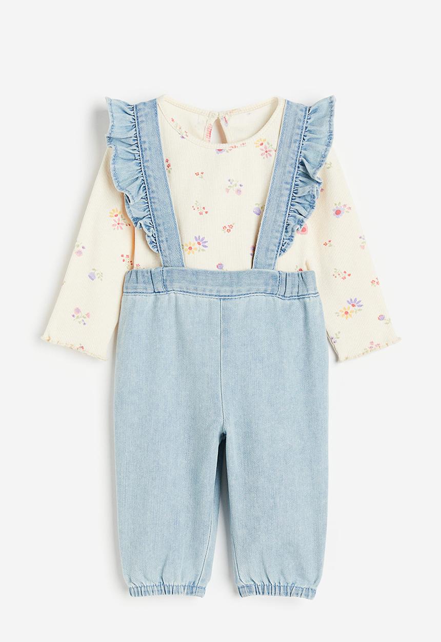 H&M - 2-piece dungaree set - light denim blue / cream 