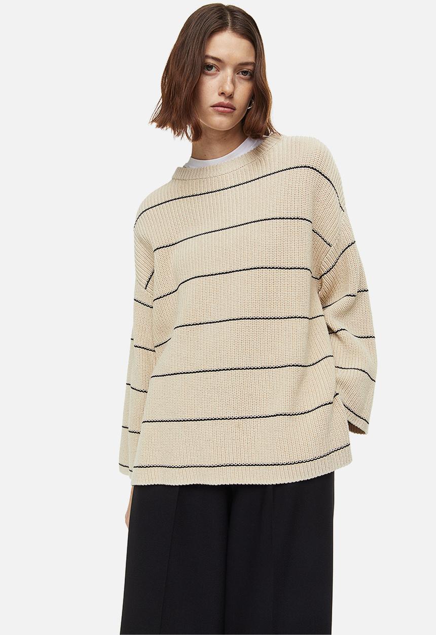 H&M - Oversized rib-knit jumper - beige/striped