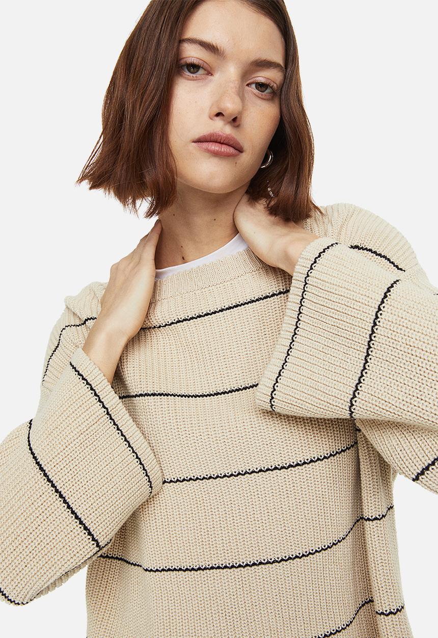 H&M - Oversized rib-knit jumper - beige/striped
